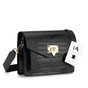 Geanta dama din piele naturala lacuita cu textura croco DiAmanti Sofia Neagra